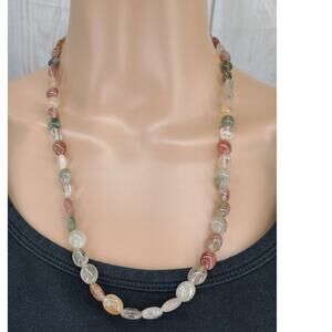 Vintage Multi-colored Quartz Oval Shape Gemstone Necklace 23" L Korea Stamped